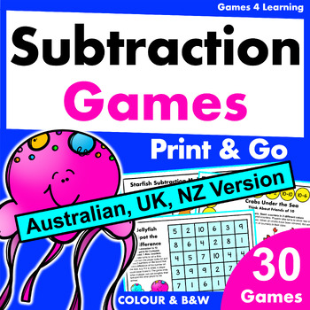 Preview of Ocean Animals Subtraction Maths Board Games [Australian UK NZ Edition]