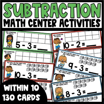 Preview of Subtraction Math Facts to 10 Math Centers Kindergarten and 1st Grade Task Cards