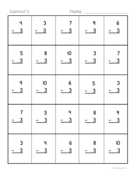 Subtraction Math Basic Fact Fluency Practice by Simply Fun in First