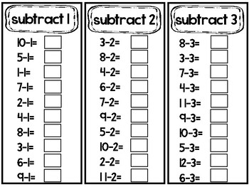 Preview of Subtraction Math Fact Fluency Strips. Math Subtraction Practice.