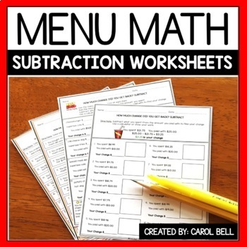 Preview of Subtraction Money Worksheets and Word Problems Menu Math