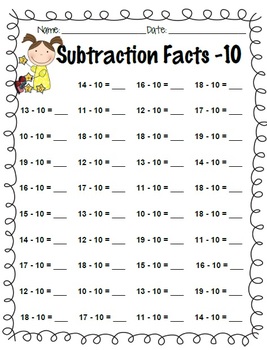 Subtraction Facts Practice: -0 through -10 by Kelly Hong | TpT