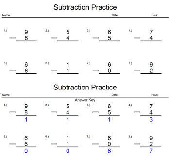 Preview of Subtraction Practice 1 Digit by 1 Digit Pages 1-15, and Pages 16-30