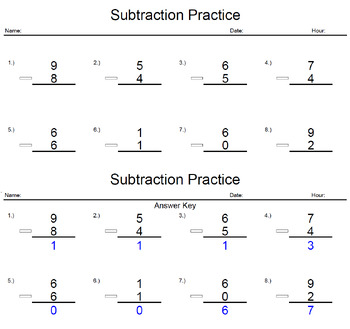 Preview of Subtraction Practice 1 Digit x 1 Digit PGS 16-30