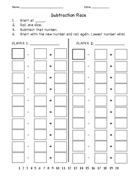 Subtraction - Race to 0 (from 20 or 100) by Elena Fernsler | TPT