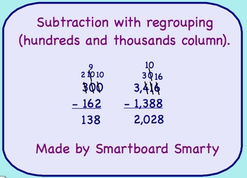 Preview of Subtraction (Regrouping) Smartboard Math Lesson