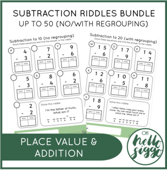 Preview of Subtraction Riddles Set BUNDLE: Subtract to 50 (NO Regrouping & WITH Regrouping)