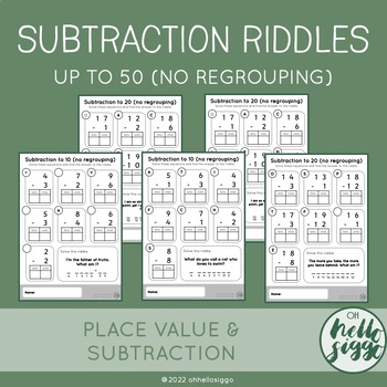 Preview of Subtraction Riddles Set: Subtraction to 50 with NO Regrouping