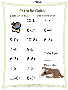 Subtraction Speed Tests for Kindergarten and First Grade! by Tools of