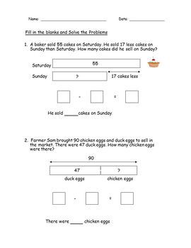 Subtraction Story Word Problems (Bar Models) - 1st Grade, 2nd Grade