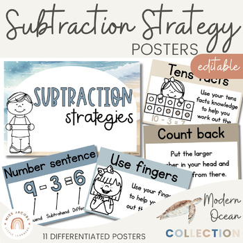 Preview of Subtraction Strategies Posters | Modern Ocean Math Classroom Decor