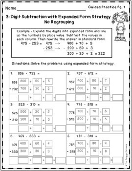 subtraction strategies worksheets 3 digit expanded form by the froggy factory