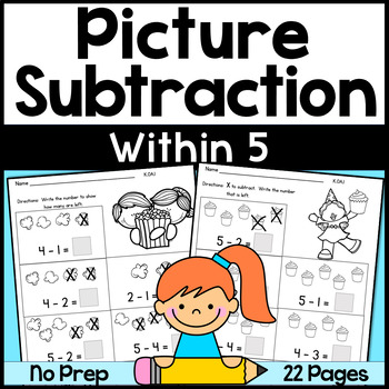 Preview of Subtraction Subtract with pictures within 5 Kindergarten Common Core K.OA.2