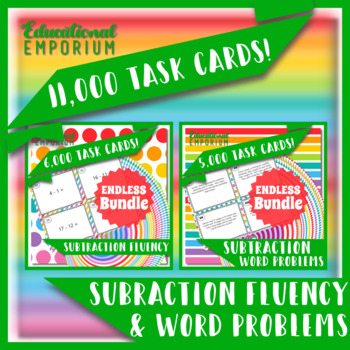 Preview of Subtraction Task Cards ENDLESS Bundle: Subtraction Fluency and Word Problems