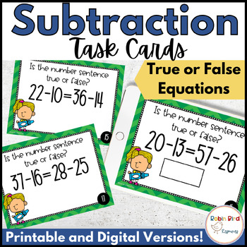 Preview of Subtraction Task Cards Math Centers - Subtraction Equations True or False