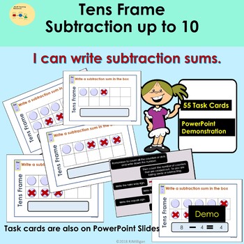 Preview of Subtraction Tens Frame PowerPoint Task Cards Activities