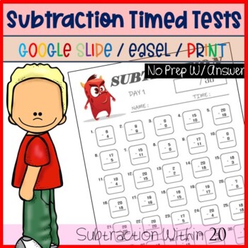 Preview of Subtraction Timed Tests, Subtraction Mad Minutes to 20, Math Fact Fluency _V3