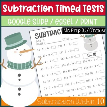 Preview of Subtraction Timed Tests to 10, Winter Christmas Math Fact Fluency Activities