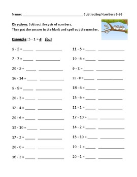 Preview of Subtraction: Using Numbers Zero to Twenty (0-20) Worksheet, Test, or Homework