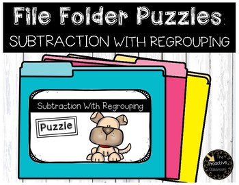 Preview of Double Digit Subtraction With Regrouping Game File Folder Puzzles Pet Theme