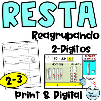 Preview of Subtraction With Regrouping in Spanish - Resta reagrupando de dos dígitos