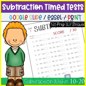 Preview of Subtraction Within 10-20, 1st Grade Math Fact Problem Worksheets & TPT Activity