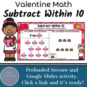 Preview of Subtraction Within 10 Digital Valentines Day Math Game Google Slides Seesaw