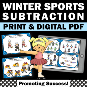 Preview of Subtraction with Pictures Winter Math Task Cards SCOOT Subtracting within 10