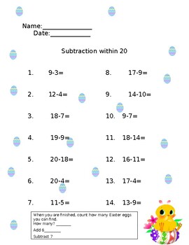 Preview of Subtraction Within 20 Easter