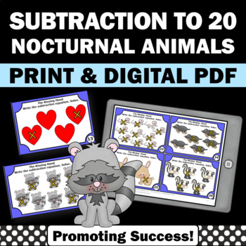 Preview of Subtraction Within 20 Facts Math Task Cards Games The Kissing Hand Activities