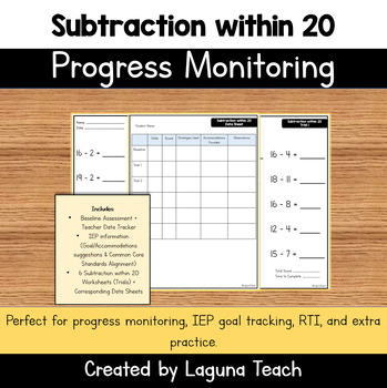 Preview of Subtraction Within 20: Progress Monitoring, Fluency, RTI, IEP Goal, Special Ed