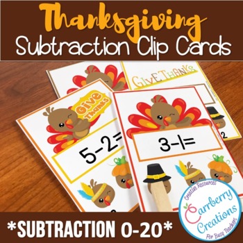 Preview of Subtraction Within 20 Task Cards Math Center for Thanksgiving