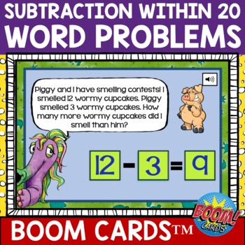 Preview of Subtraction Within 20 Word Problems BOOM Cards™ First Second Distance Learning