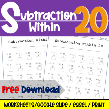Preview of Subtraction Within 20 | 1st Grade Math Facts Fluency - Daily Practice - Free