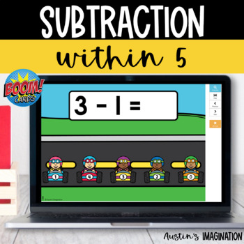 Preview of Subtraction Within 5 Boom Cards - Kindergarten Math Car Theme