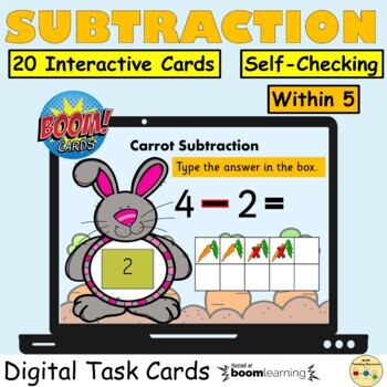 Preview of Subtraction Within 5 Ten Frames BOOM Cards™ Distance Learning Task Cards