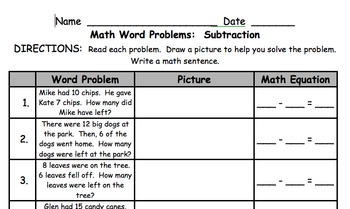 Preview of Subtraction Word Problems 1st Grade