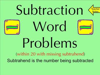 Preview of Subtraction Word Problems Within 20 With Missing Subtrahend - Smartboard