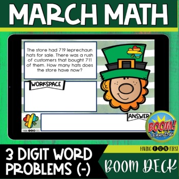 Preview of Subtraction Word Problems with & without Regrouping Math BOOM Cards MARCH