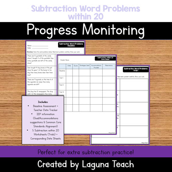 Preview of Subtraction Word Problems within 20: Progress Monitoring, RTI, Special Education