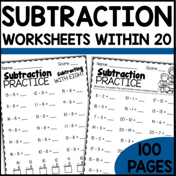 Preview of Subtraction Within 10 and 20 with/out Regrouping Math Facts Fluency 1st Grade