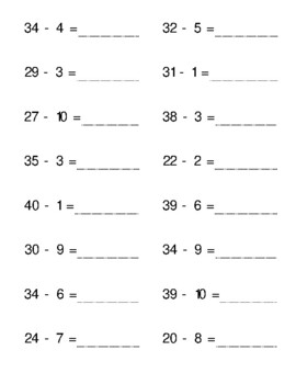 Subtraction Worksheets 20-40 100 Exercises by Atlas Teacher | TpT