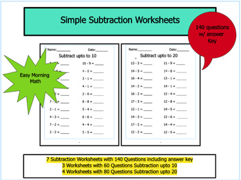 Preview of Subtraction Worksheets: Up to 10 & 20 w/ Answer Key