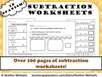 Preview of Subtraction Worksheets in Spanish / Hojas de sumar Kinder