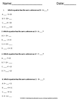 Preview of Subtraction as an unknown-addend problem Worksheet