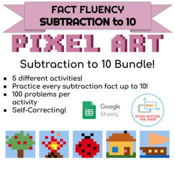 Preview of Distance Learning digital math facts bundle | Subtraction from 10 Pixel Art