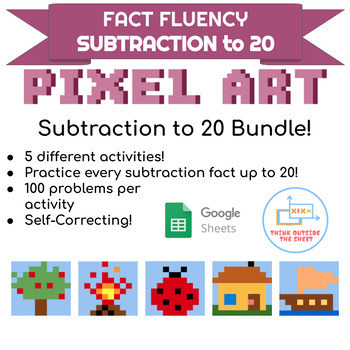 Preview of Subtraction from 20 Pixel Art bundle | 5 Digital Independent Math Fact Sheets