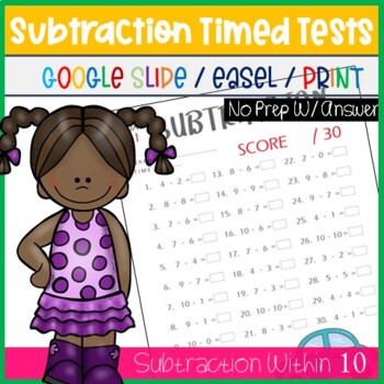 Preview of Subtraction to 10, 1st Grade Math Fact Problem Worksheets & TPT Digital Activity