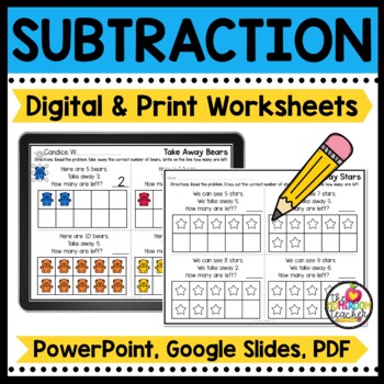 Preview of Subtraction to 10 Kindergarten Math Worksheets Digital & Printable