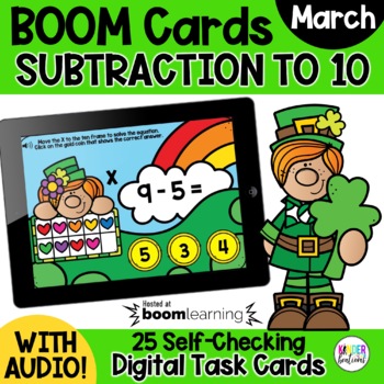 Preview of Subtraction to 10 Math BOOM Cards | Digital Games | March & St Patrick's Day